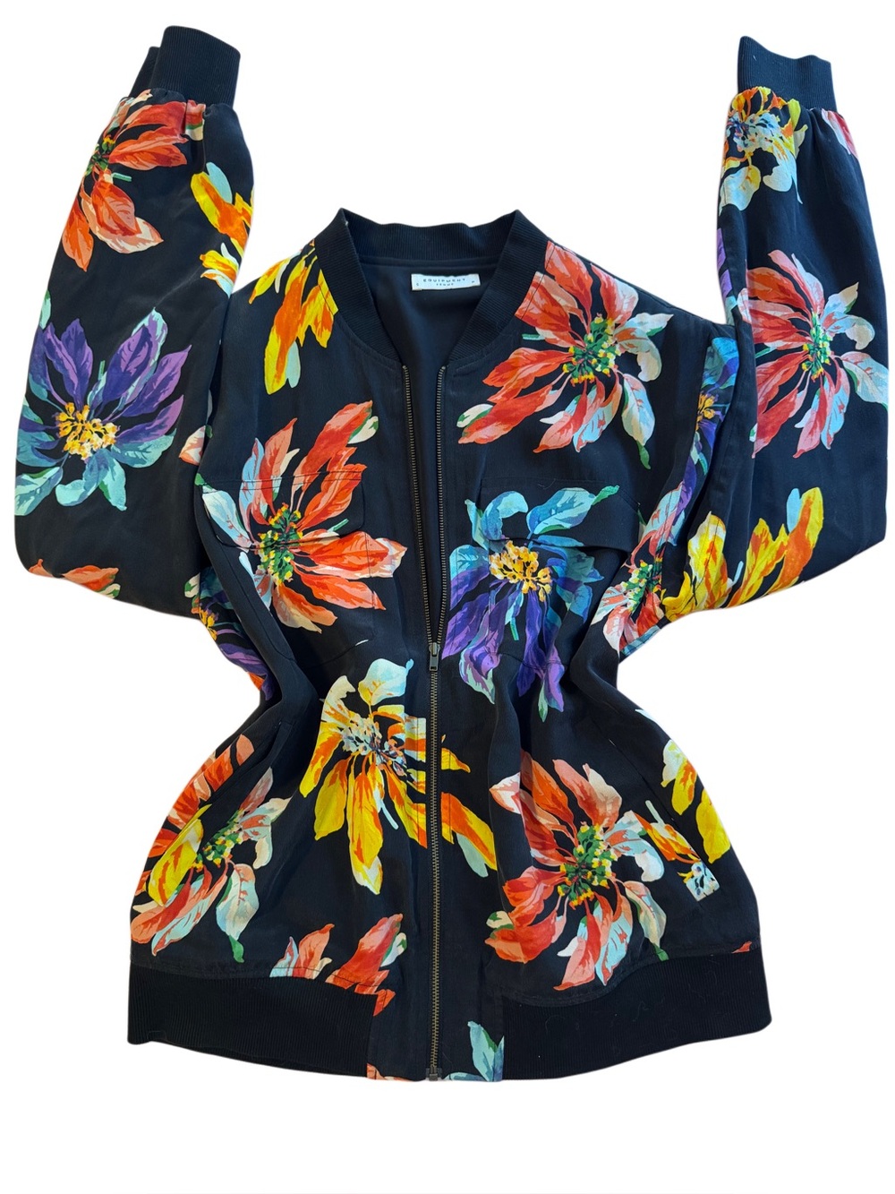 Floral Silk Zip-Front Bomber Jacket - Black Multicolor
